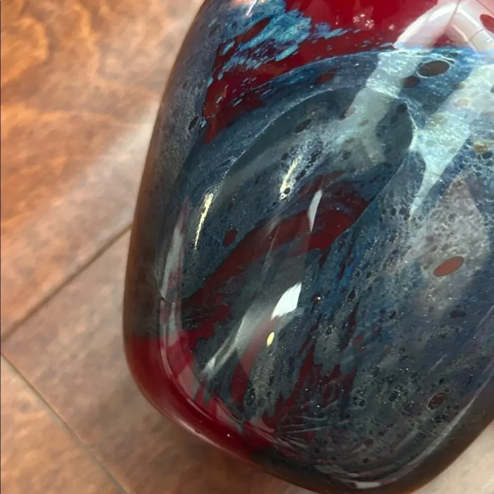 Michael Nourot Vintage Red Art Glass Vase with Colored Swirl, Signed by Artist